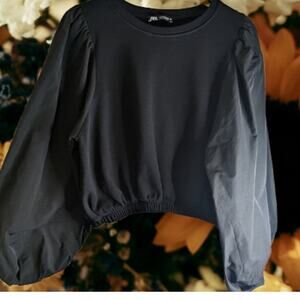 Zara small long balloon sleeve cotton blend black quality woman's casual blouse